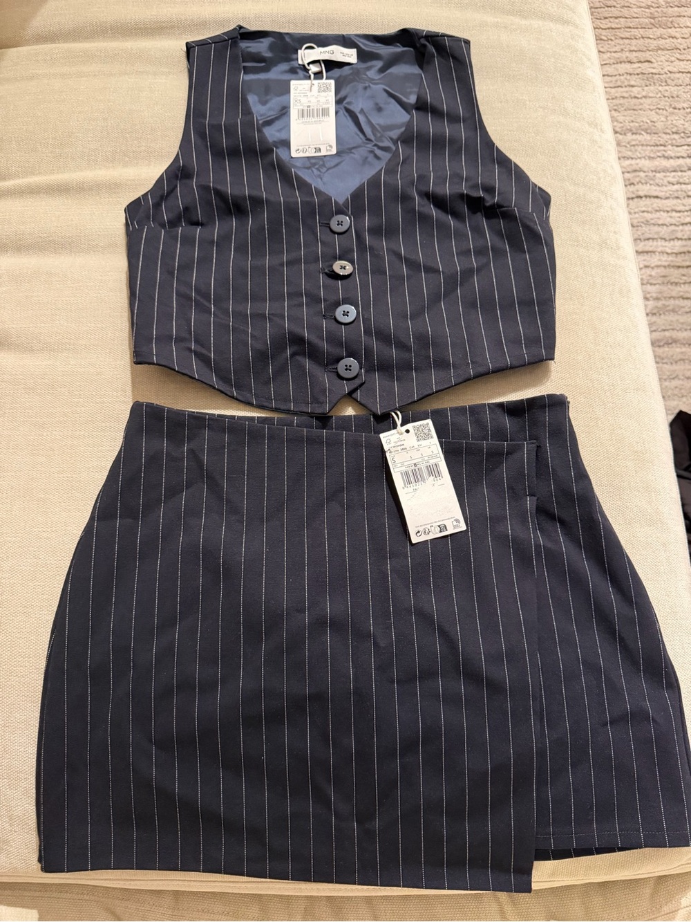 Mango Navy and White Pinstripe Mini Skirt